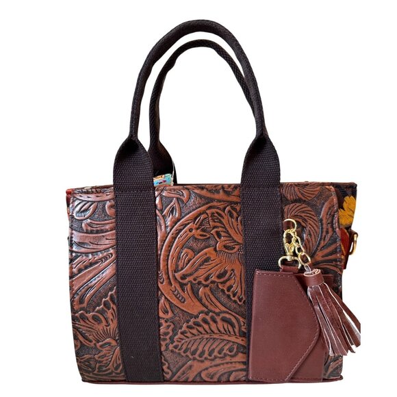 Tooled brown floral tapestry embroidery western vegan leather with coin purse sa - Picture 4 of 12